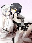  abyssal_twin_hime_(black) abyssal_twin_hime_(white) arms_behind_back ass bed black_hair blue_eyes breasts cleavage_cutout commentary dress elbow_gloves gloves goma_(gomasamune) hair_ornament hand_on_own_ass highres kantai_collection kneeling legs_apart looking_at_viewer looking_back multiple_girls on_bed open_mouth partly_fingerless_gloves shinkaisei-kan short_hair small_breasts thighhighs white_hair yellow_eyes zettai_ryouiki 