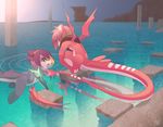  anthro blue_eyes clothing dragon elbow_gloves fish gloves hair horn mako_(rudragon) marine pink_hair purple_hair ru_(rudragon) rudragon shark swimming water wings yellow_sclera 