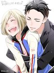  ^_^ black_hair blonde_hair closed_eyes hug hug_from_behind jacket male_focus multiple_boys open_mouth otabek_altin puu_(chimeitekinakuz) smile track_jacket translation_request yuri!!!_on_ice yuri_plisetsky 