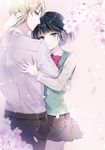  1girl awaya_mugi bangs black_hair black_skirt copyright_name couple flower hetero hug kuzu_no_honkai looking_at_viewer neck_ribbon petals pleated_skirt ribbon sandeul school_uniform short_hair skirt yasuraoka_hanabi 