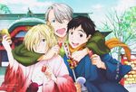  ;d amisaki_ryouko architecture arrow bell black_hair blonde_hair blue_eyes blush brown_eyes cellphone east_asian_architecture green_eyes half_updo highres hug japanese_clothes katsuki_yuuri male_focus multiple_boys new_year official_art omamori one_eye_closed open_mouth phone scan scarf seigaiha shrine silver_hair smartphone smile tree viktor_nikiforov yuri!!!_on_ice yuri_plisetsky 