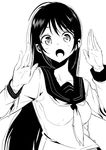  :o attsun_(atsushi_jb) bangs blush breasts collarbone greyscale hands_up long_hair long_sleeves looking_at_viewer medium_breasts monochrome neckerchief open_mouth original school_uniform serafuku solo upper_body 