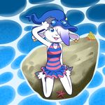  anthro blue_eyes caprine clara_hopper clothing critter_coven cute ear_piercing eyewear female goat goggles hair hat hermit_crab hooves horn lonbluewolf looking_at_viewer looking_up mammal marine multicolored_hair piercing sea smile solo starfish swimsuit two_tone_hair water 