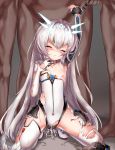  1girl breasts clenched_teeth code:_battle_seraph_(elsword) collar cuffed drooling ehart elsword eve_(elsword) eyes_closed facial_mark forehead_jewel injection long_hair nipples object_insertion restrained silver_hair squatting teeth torn_clothes 