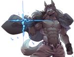  2017 abs anthro belt biceps big_muscles black_nose blue_eyes canine chest_tuft clothed clothing digital_media_(artwork) fur gloves grey_fur grey_hair hair male mammal muscular muscular_male open_pants pants pecs rabbity scar simple_background smile solo topless tuft wolf 