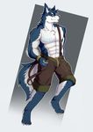  abs anthro biceps blue_fur canine chest_tuft claws clothed clothing digital_media_(artwork) fur male mammal muscular muscular_male pecs shorts smile standing toe_claws topless tuft white_fur wolf zicker 