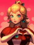  alternate_color bellhenge blonde_hair crown dress gloves green_eyes heart heart-shaped_pupils long_hair mario_(series) moe_moe_kyun! princess_peach simple_background smile solo super_mario_bros. symbol-shaped_pupils 