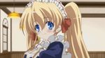  1girl animated animated_gif blonde_hair blush bouncing_breasts bow breasts cleavage eyes_closed hair_bow headdress large_breasts lizlett_l_chelsie long_hair maid maid_headdress omamori_himari solo twintails waitress 