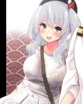  1boy 1girl absurdres admiral_(kantai_collection) alternate_costume bare_shoulders blue_eyes breasts collarbone commentary_request eyebrows_visible_through_hair floral_print grey_jacket grey_shirt height_difference highres jacket kantai_collection kashima_(kantai_collection) large_breasts long_hair long_sleeves looking_at_another military military_uniform naval_uniform open_mouth out_of_frame pink_lips pleated_skirt sarfata shirt sidelocks silver_hair skirt solo_focus striped tsurime twintails uniform vertical_stripes wavy_hair white_jacket 