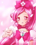  blush bow brooch choker cure_blossom flower hair_bow hair_flower hair_ornament hanasaki_tsubomi heartcatch_precure! jewelry kagami_chihiro long_hair looking_at_viewer magical_girl outstretched_hand parted_lips petals pink pink_background pink_bow pink_choker pink_eyes pink_hair ponytail precure puffy_sleeves solo upper_body 