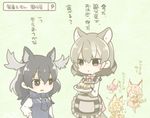  &gt;_&lt; :d :o animal_ears antlers apron bare_shoulders black_hair black_scarf blush bow bowtie brown_eyes caracal_(kemono_friends) caracal_ears caracal_tail chibi closed_eyes collared_shirt cross-laced_clothes d: dish dot_nose dx elbow_gloves empty_eyes expressionless eye_contact facing_another food frilled_apron frills full_body gloves green_background grey_hair hair_between_eyes hand_on_hip height_difference jumping kemono_friends leg_lift long_hair long_sleeves looking_at_another maora_oto moose_(kemono_friends) moose_ears moose_tail multicolored_hair multiple_girls neck_ribbon ohagi_(food) open_mouth red_ribbon ribbon scarf search_bar serval_(kemono_friends) serval_ears serval_print serval_tail setsubun shirt simple_background skirt sleeveless sleeveless_shirt smile striped_apron tail talking thylacine_(kemono_friends) thylacine_ears thylacine_tail translation_request tsurime vest white_shirt |_| 