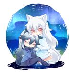  :&gt; animal_ears arctic_fox_(kemono_friends) black_bow black_hair black_legwear black_neckwear black_skirt blazer blue_jacket blush bow bowtie breast_pocket capelet closed_eyes dot_nose fox_ears fox_tail full_body fur-trimmed_capelet fur-trimmed_sleeves fur_trim grey_hair hair_between_eyes hand_on_another's_shoulder hug jacket kemono_friends kneeling kneeling_on_water light_brown_eyes long_hair long_sleeves looking_at_viewer lowres maora_oto multicolored_hair multiple_girls night open_mouth outdoors pantyhose pink_skirt pleated_skirt pocket signature silver_fox_(kemono_friends) skirt sky sleeping smile tail tsurime very_long_hair water white_legwear 