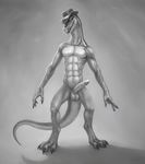  2017 abs anthro balls black_and_white dante_bay erection grin hat klongi lizard long_neck long_tail male monochrome muscular nails penis reptile scalie shadow smile solo toes 