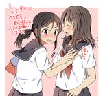  black_hair blush breast_grab brown_eyes brown_hair check_translation commentary_request grabbing guided_breast_grab hachiko_(hati12) long_hair low_twintails multiple_girls open_mouth original partially_translated school_uniform serafuku smile surprised sweat translation_request twintails wavy_mouth yuri 