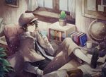  angel31424 artist_name black_hair book brown_eyes bungou_stray_dogs cactus capelet chair curtains edogawa_ranpo_(bungou_stray_dogs) eyewear_removed glasses globe holding holding_eyewear leaf male_focus necktie pencil sitting solo window 