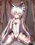  1girl breasts clenched_teeth code:_battle_seraph_(elsword) collar cuffed ehart elsword eve_(elsword) eyes_closed facial_mark forehead_jewel long_hair nipples object_insertion restrained silver_hair squatting teeth torn_clothes 