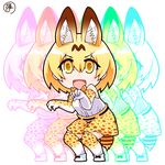  :d afterimage animal_ears blonde_hair blush fangs gloves jinnouchi_akira kemono_friends open_mouth serval_(kemono_friends) serval_ears serval_tail short_hair skirt smile solo striped_tail tail thighhighs v-shaped_eyebrows yellow_eyes 