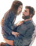  1girl age_difference bad_id bad_pixiv_id beard brown_hair carrying eye_contact facial_hair grey_hair jacket logan_(movie) looking_at_another marvel open_mouth qin_(7833198) simple_background wolverine x-23 x-men 