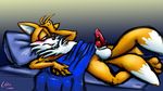  anthro balls barefoot bed bed_covers bedding big_ears blush canine chest_fur erection fox fur hand_on_head knot lapatte lying male mammal miles_prower nude on_back on_bed open_mouth penis pillow solo sonic_(series) squint tongue under_covers video_games 