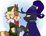  2016 3_fingers anthro belt big_eyes big_head black_markings blue_background blue_clothing blush brown_fur brown_markings cape cheek_tuft clothing colored cute digital_drawing_(artwork) digital_media_(artwork) duo eyes_closed fluffy fluffy_tail fur gem gloves green_clothing half-closed_eyes hand_holding hat head_tuft jacket league_of_legends light mammal markings multicolored_fur pants riot_games robes romantic_couple ruby_(gem) signature simple_background standing striped_tail stripes tan_fur teemo_(lol) toony tuft two_tone_fur veigar veigar-chan video_games white_background wizard_hat yellow_eyes yellow_sclera yordle 