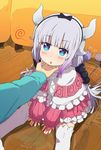  afterimage blue_eyes blush chin_tickle dragon_girl dragon_horns dragon_tail grey_hair heart heart-shaped_pupils horns kanna_kamui kobayashi-san_chi_no_maidragon kobayashi_(maidragon) long_hair multiple_girls ogipote reflection sitting sleeves_past_wrists solo_focus symbol-shaped_pupils tail tail_wagging thighhighs triangle_mouth white_legwear 
