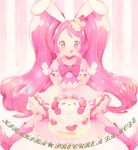  animal_ears boots bow bunny_ears cake cake_hair_ornament choker commentary_request cure_whip dress eyebrows_visible_through_hair food food_themed_hair_ornament fork frills fruit gloves hair_ornament hatsuga_(oyayubi_itai2) heart holding holding_fork holding_knife kirakira_precure_a_la_mode knife licking_lips long_hair pink_bow pink_choker pink_dress pink_eyes pink_footwear pink_hair precure puffy_sleeves sitting solo star strawberry striped striped_background text_focus tongue tongue_out twintails usami_ichika very_long_hair white_gloves 