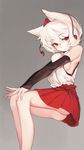  animal_ears ass breasts bridal_gauntlets elbow_gloves eyebrows_visible_through_hair fingerless_gloves from_below gloves grey_background hat inubashiri_momiji looking_down medium_breasts pleated_skirt pokan_(xz1128) pom_pom_(clothes) red_eyes sideboob simple_background skirt solo tokin_hat touhou white_hair 