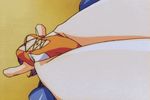  1girl 90s animated animated_gif bare_legs bare_shoulders bikini blush breasts cleavage crotch dirty_pair dirty_pair_flash exercise female legs long_hair navel pain purple_hair screaming solo struggling sweat swimsuit thighs training yuri_(dirty_pair) 