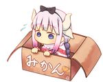  bangs beads blue_eyes blunt_bangs box capelet commentary_request dragon_girl dragon_horns dress eyebrows_visible_through_hair flying_sweatdrops for_adoption hair_beads hair_ornament hairband hasheko horns in_box in_container kanna_kamui kobayashi-san_chi_no_maidragon lavender_hair long_hair mikan_box solo translated twintails 