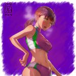  1girl bare_arms bare_shoulders blush breasts breath brown_hair buruma cowboy_shot dated eyebrows_visible_through_hair green_eyes highres ikeda_(cpt) medium_breasts midriff navel open_mouth original ponytail purple_background solo sports_bra standing sweat sweatdrop toned 