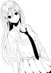  attsun_(atsushi_jb) breasts closed_mouth collared_shirt dutch_angle greyscale hair_between_eyes highres lineart long_hair looking_at_viewer medium_breasts monochrome necktie original pleated_skirt school_uniform shirt simple_background sketch skirt sleeves_rolled_up smile solo white_background wing_collar 