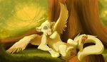  cat detailed_background eyes_closed feathered_wings feathers feline female feral fur grass hair kitchiki lying mammal outside paws sleeping solo tree white_fur white_hair wings 