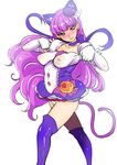  akikusa_peperon animal_ears cameltoe cat_ears cat_tail choker covered_nipples cure_macaron earrings extra_ears food_themed_hair_ornament gloves hair_ornament jewelry kirakira_precure_a_la_mode kotozume_yukari long_hair looking_at_viewer macaron_hair_ornament precure purple_choker purple_eyes purple_hair purple_legwear ribbon_choker simple_background smile solo tail thighhighs white_background white_gloves 