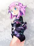  absurdres breasts cleavage cosplay d-pad d-pad_hair_ornament hair_ornament highres leotard looking_at_viewer looking_back neptune_(choujigen_game_neptune) neptune_(series) purple_eyes purple_heart purple_heart_(cosplay) segamark short_hair small_breasts solo 