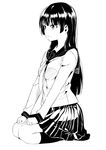  attsun_(atsushi_jb) bangs black_legwear black_skirt blunt_bangs breasts closed_mouth full_body greyscale hands_on_own_knees hime_cut kneehighs long_hair looking_to_the_side medium_breasts monochrome original pleated_skirt school_uniform seiza serafuku sidelocks sitting skirt solo 