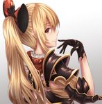  armor black_gloves blonde_hair bow elbow_pads eyebrows_visible_through_hair finger_to_mouth frills from_behind gloves gradient gradient_background granblue_fantasy grin long_hair looking_back matsunaga_garana parted_lips pauldrons ponytail profile red_bow shoulder_pads sideways_mouth smile solo upper_body vira_lilie 