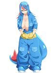  &gt;:) baggy_pants blue_footwear blue_hair breast_pocket breasts cleavage collarbone commentary_request fangs feraligatr full_body gen_2_pokemon hair_between_eyes hands_in_pockets highres huge_breasts jumpsuit long_hair looking_at_viewer multicolored_hair navel pants personification pocket pokemon pokemon_(creature) red_hair shoes short_eyebrows smile solo standing tail toudori tsurime two-tone_hair v-shaped_eyebrows white_background yellow_eyes 