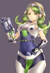  arm_cannon armband bodysuit breasts closed_mouth commentary cowboy_shot drill_hair expressionless facial_mark gloves green_hair gun hand_on_hip headgear highres loincloth looking_at_viewer mecha_musume medium_breasts navel neit_ni_sei orisa_(overwatch) overwatch personification purple_background robot_ears single_glove sleeveless solo thighhighs tight twin_drills twintails weapon yellow_eyes 