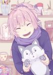  ^_^ ^o^ aoba_(kantai_collection) blue_coat blue_scarf blurry closed_eyes cup depth_of_field doll kantai_collection long_sleeves open_mouth pen pink_hair ponytail scarf shikajima_shika short_hair smile solo stuffed_animal stuffed_toy teddy_bear 