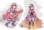  black_hair breasts campfire cape cleavage crescent_rose grass highlights iesupa log medium_breasts multicolored_hair red_hair ruby_rose rwby sad silver_eyes sketch stone_floor thighhighs 