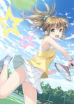  :d brown_hair cloud cloudy_sky day floating_hair frilled_panties frills green_eyes hair_ornament hair_scrunchie highres holding long_hair looking_at_viewer miniskirt moe2017 one_eye_closed open_mouth original outdoors panties pleated_skirt ponytail racket remiina_(reming185) scrunchie shirt skirt sky sleeveless sleeveless_shirt smile socks solo sportswear star tennis_court tennis_racket tennis_uniform tree underwear white_legwear white_panties white_skirt yellow_shirt 