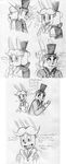  2015 animatronic anthro bear black_and_white blush bonnie_(fnaf) bow_tie buckteeth dialogue duo english_text five_nights_at_freddy&#039;s freddy_(fnaf) hat inkyfrog lagomorph machine male mammal monochrome open_mouth open_smile rabbit robot simple_background smile sweat sweatdrop teeth text top_hat traditional_media_(artwork) video_games white_background 