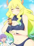  1boy 1girl ;) age_difference beach bikini black_bikini blonde_hair blush breasts cleavage cleavage_cutout cloud day dragon_girl dragon_horns girl_on_top gradient_hair heterochromia highres kobayashi-san_chi_no_maidragon large_breasts long_hair looking_at_viewer lotion lying magatsuchi_shouta midriff navel one_eye_closed open_clothes open_mouth outside purple_eyes purple_hair quetzalcoatl_(maidragon) sky smile standing topless wide-eyed 