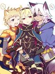 animal_ears armor blonde_hair blue_eyes blush boy_sandwich capelet circlet commentary_request dark_skin dark_skinned_male dog_ears dog_tail eyepatch fang fire_emblem fire_emblem_if gloves gold_trim heart highres kemonomimi_mode leon_(fire_emblem_if) male_focus multiple_boys odin_(fire_emblem_if) one_eye_closed outline red_eyes sandwiched simple_background sitting sparkle speech_bubble spoken_heart spoken_sparkle tail teeth white_background white_hair wolf_boy wolf_ears wolf_tail yamame_0807 yaoi zero_(fire_emblem_if) 