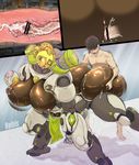  big_breasts big_butt breasts butt centaur duo equine equine_taur female gun horn human lactating living_machine looking_back machine male male/female mammal nipples not_furry nude orisa_(overwatch) overwatch penis pussy ranged_weapon rebis robot simple_background taur video_games weapon 