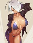  ahoge angel_(kof) arm_behind_back arm_up bikini blue_bikini breasts chaps collarbone commentary contrapposto covered_nipples cowboy_shot fingerless_gloves gloves hair_over_one_eye huge_breasts jacket long_sleeves navel open_clothes open_jacket red_eyes shiny shiny_skin silver_hair snk solo standing swimsuit the_king_of_fighters tomoyuki_kotani 