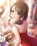  artist_request brown_eyes brown_hair bunny_puppet hair_ornament idolmaster idolmaster_cinderella_girls lipstick long_hair looking_back low_ponytail makeup mirror mochida_arisa official_art puppet reflection solo stuffed_animal stuffed_bunny stuffed_toy vanity_table 