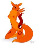  2017 breasts canine cosmicvanellope digimon female fox fur looking_at_viewer mammal multicolored_fur nipples nude orange_eyes orange_fur renamon simple_background solo two_tone_fur 