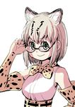  :&gt; adjusting_eyewear animal_ears bare_shoulders belt black-framed_eyewear blonde_hair bow bowtie cat_ears commentary elbow_gloves extra_ears eyebrows_visible_through_hair eyelashes glasses gloves green_eyes hand_on_hip jpeg_artifacts kemono_friends looking_at_viewer margay_(kemono_friends) mizukami_satoshi multicolored_hair sanpaku shirt short_hair simple_background skirt sleeveless sleeveless_shirt smile solo spotted_hair tareme upper_body v-shaped_eyebrows white_background white_shirt 