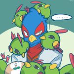  2017 ambiguous_gender animated anthro avian bird clothing crossover falco_lombardi feral green_eyes group hi_res jacket male natu nintendo ohjing pok&eacute;mon scarf star_fox video_games 